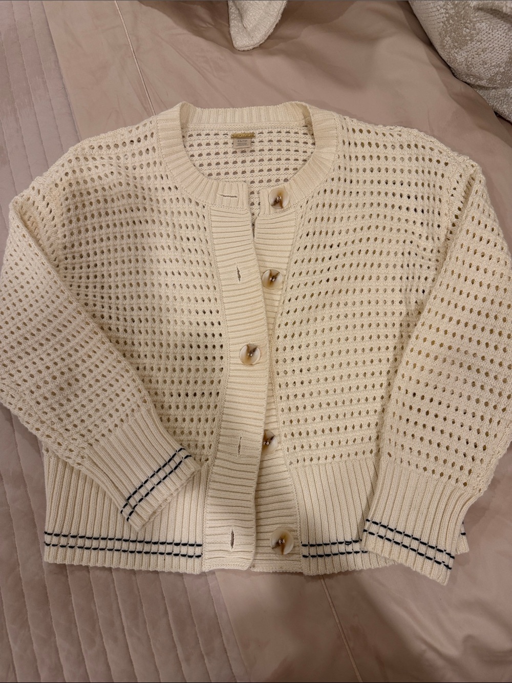 Magaschoni Cream Open-Weave Button Cardigan with Navy Trim